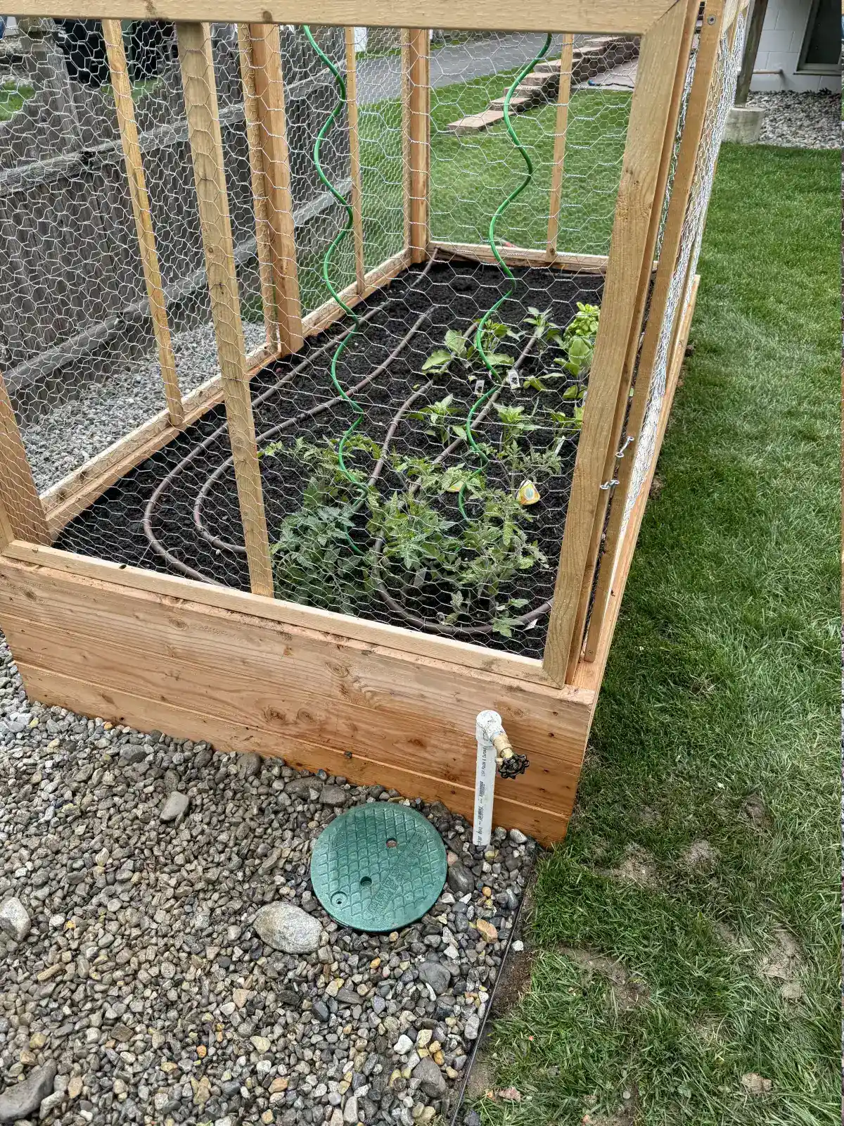 Dripline system connection point for garden bed irrigation